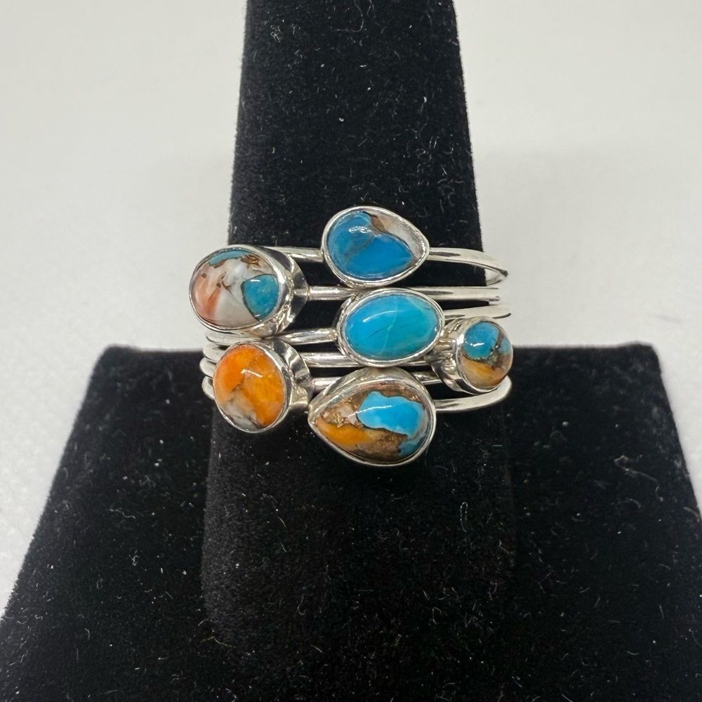 6 stack Silver rings with spiny cooper oyster turquoise stones size 11